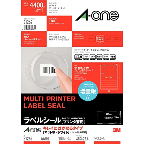 4.44面はがせる×100シートホワイト/-/31262 Style:4.44面はがせる×100シート パッケージ個数:1 製品情報シートサイズ: A4判 210mm×297mm / 色: ホワイト 