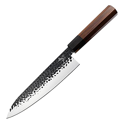 ・黒檀 ・牛刀包丁 用途は非常に幅広く大きな食材でも簡単に切ることができます。どんな食材にも対応できる凡庸性の良さが特徴です。 ・6Cr16Mo Vステンレス鋼 刃体材は、6Cr16Mo Vステンレス