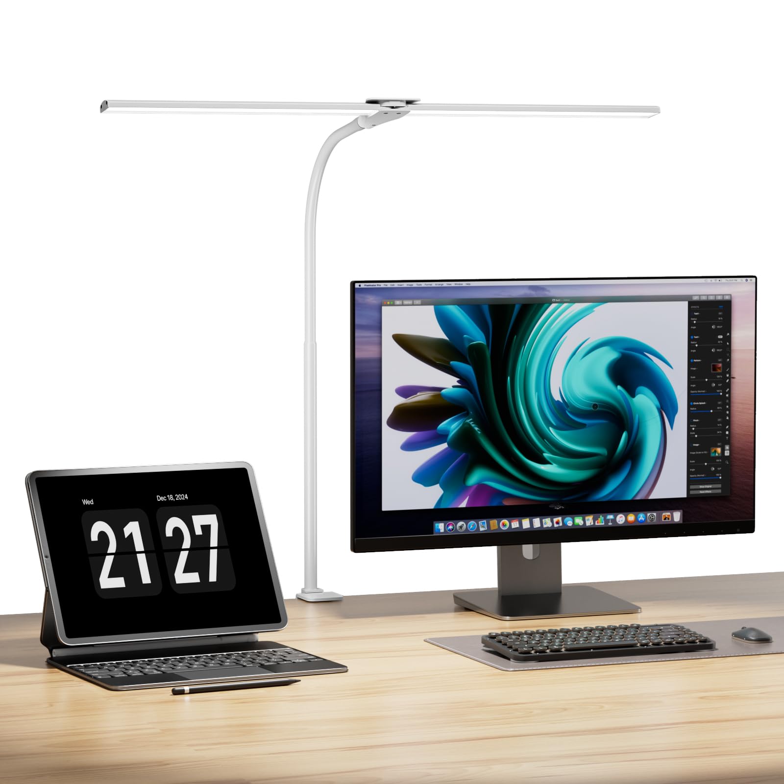目に優しいLEDデスクライト・ホワイト 64cm WBE031 ・・Color:ホワイト ・?ダブル光源・高輝度・広い照射面積LED卓上ライト全光束は1200lm、ダブル光源、０°~180°角度調整可