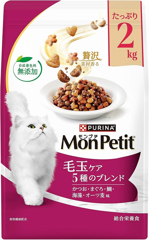 厳選したかつお、まぐろ、鯛、海藻、大麦の５種の食材を絶妙にブレンド。天然の食物繊維を配合し、体内の毛玉を自然に排出するように配慮。安心の合成着色料、香料無添加。たっぷり２Ｋｇ。 ・本体重量:2kg ・